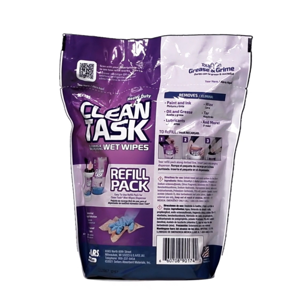 Sellars 90174 Clean Task Cleaning & Degreasing Wet Wipe Refill Pack 70 Sheet Count - 1 Refill Bag